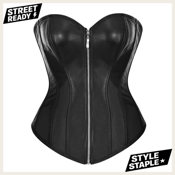 Faux Leather Zipper Front Bustier Corset Top Medium Hourglass Shape